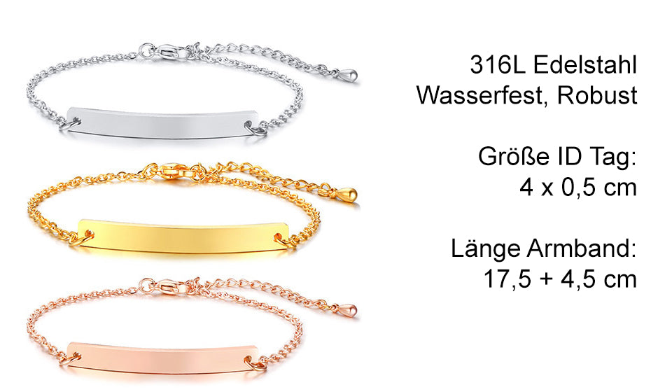 Armband ID-Tag "Paar Namen, Datum & Herz" mit Wunschnamen, 316l Edelstahl wasserfest